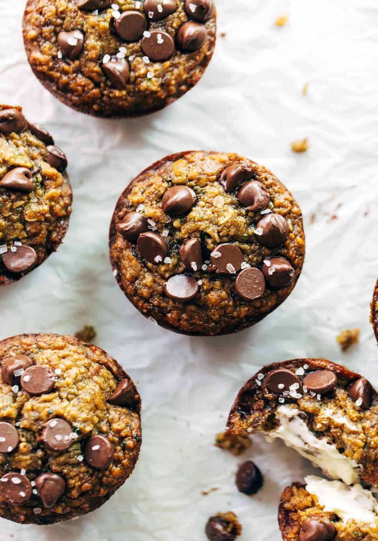 Zucchini muffins with chocolate chips.